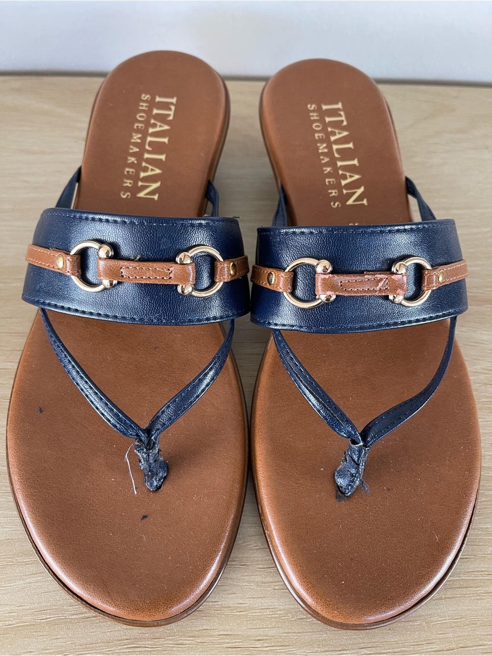 Italian Shoemakers Navy/Brown Thong Equestrian Bit Sandals 7